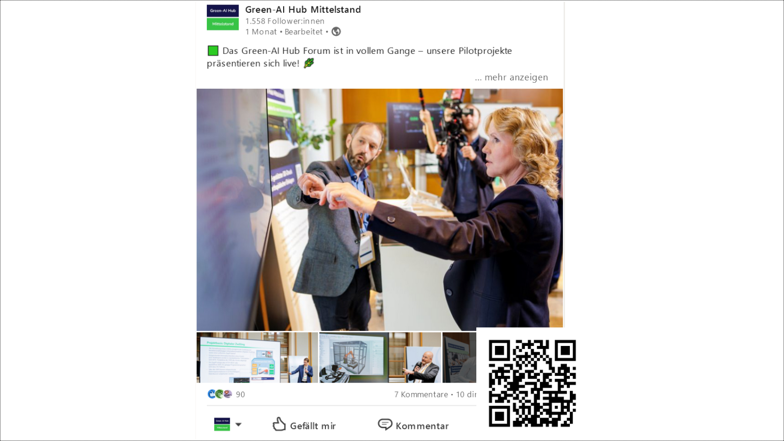 LinkedIn Profil Green-AI Hub Mittelstand Ein LinkedIn Post des Green-AI Hub Mittelstand, in welchem Bundesumweltministerin Steffi Lemke und verschiedene KI-Lösungen zu sehen sind.
